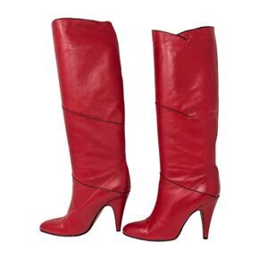 Vintage Red Leather Knee High Boots Monica Italy Size 37 High Heel 1970s